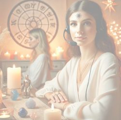 Vrouwelijke paragnost geeft paranormaal advies via headset in een warme, spirituele setting met kaarslicht en kristallen.