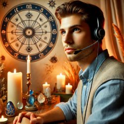 Mannelijke paragnost geeft spiritueel advies via headset in een sfeervolle ruimte met astrologische elementen en kristallen.
