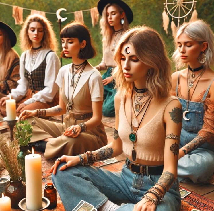 Een groep moderne soloheksen in een natuurlijke omgeving, ieder met een unieke stijl en spirituele praktijk, omringd door mystieke accessoires zoals kristallen en kaarsen. 🌿✨