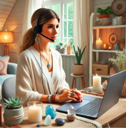 Een spirituele consulent werkt vanuit huis, draagt een headset en biedt virtueel advies in een rustige, sfeervolle omgeving.