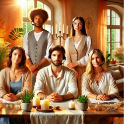 Groep diverse spirituele topconsulenten, waaronder een paragnost, tarotlezer en levenscoach, met headsets in een rustige en professionele omgeving.